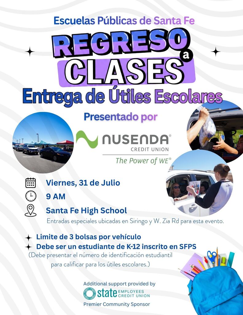 School flyer shows cars in line, children receiving items, and a backpack. "Regreso a Clases" in bold, with details below.