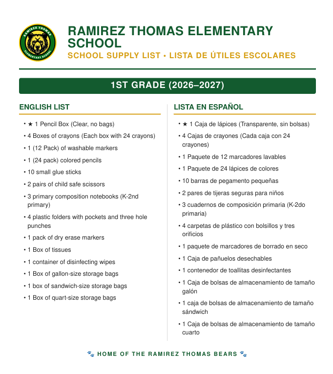 Document displaying "RAMIREZ THOMAS ELEMENTARY SCHOOL" at top with a logo. Lists school supplies for 1st grade in English and Spanish.
