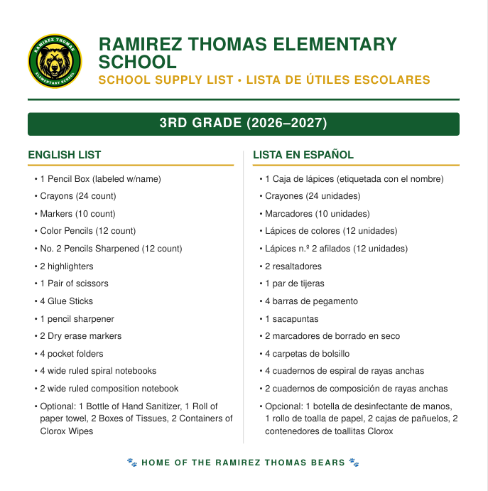 Document with two columns. Top left: "Ramírez Thomas Elementary School Supply List". Top right: "Lista de Útiles Escolares". Below: school supplies for 3rd grade.