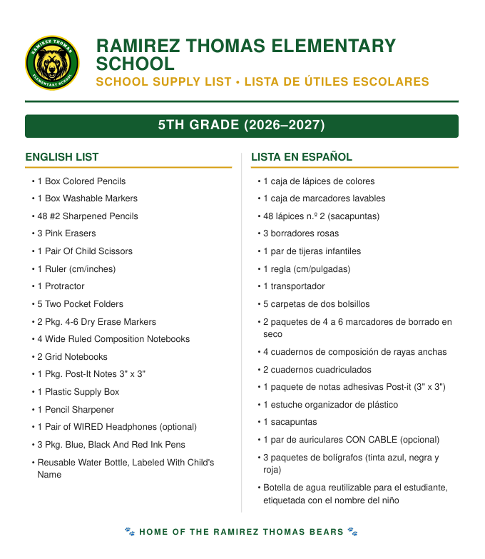 A list of school supplies for 5th grade in 2022-2027, Ramirez Thomas Elementary. English and Spanish lists include pencils, markers, notebooks, scissors, and more.