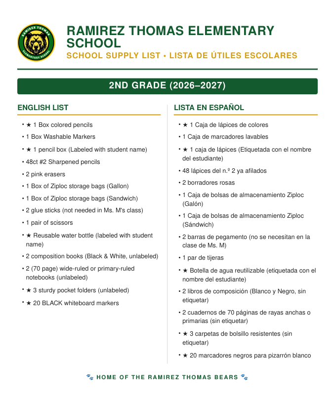A bilingual school supply list for second grade, featuring a title, list in both English and Spanish, and school logo.