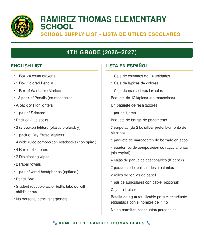 School supply list for Ramirez Thomas Elementary School's 4th grade. Lists items in English and Spanish.