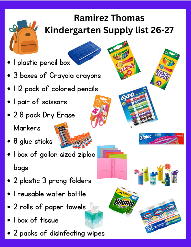 A list of school supplies includes a backpack, pencil box, scissors, markers, glue, paper, folders, water bottle, and more.