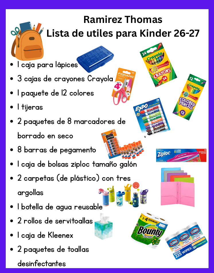An organized list for kindergarten school supplies for Ramirez Thomas, including a backpack, crayons, scissors, markers, glue, and more.