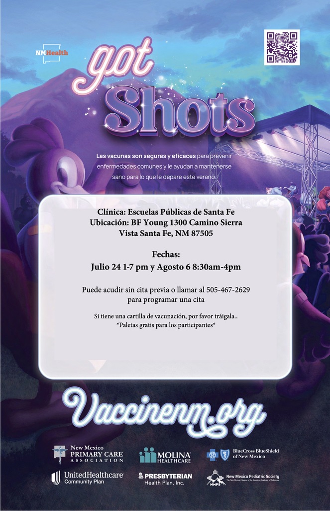 Poster with a cartoon character. The title is "got Shots" in purple and white. The subtitle reads "Vacinenm.org".