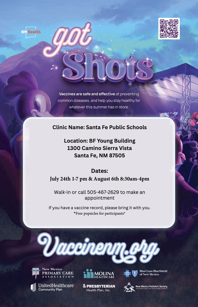 Poster with "got Shots" text. A QR code is on the top right. Below are details about a clinic.