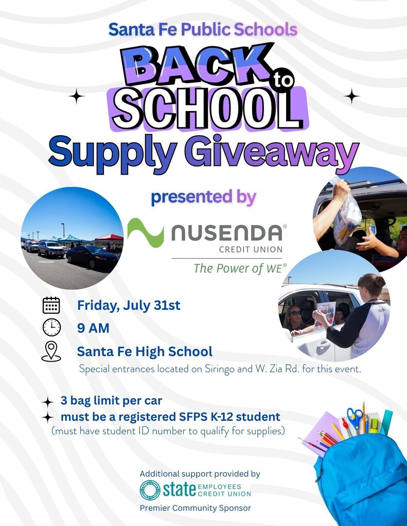 Flyer with event details for a back-to-school supply giveaway at Santa Fe High School.