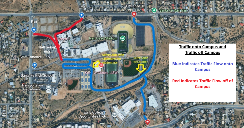 Map showing traffic flow around a campus. Blue arrows indicate traffic flowing into the campus. Red arrows show traffic leaving.