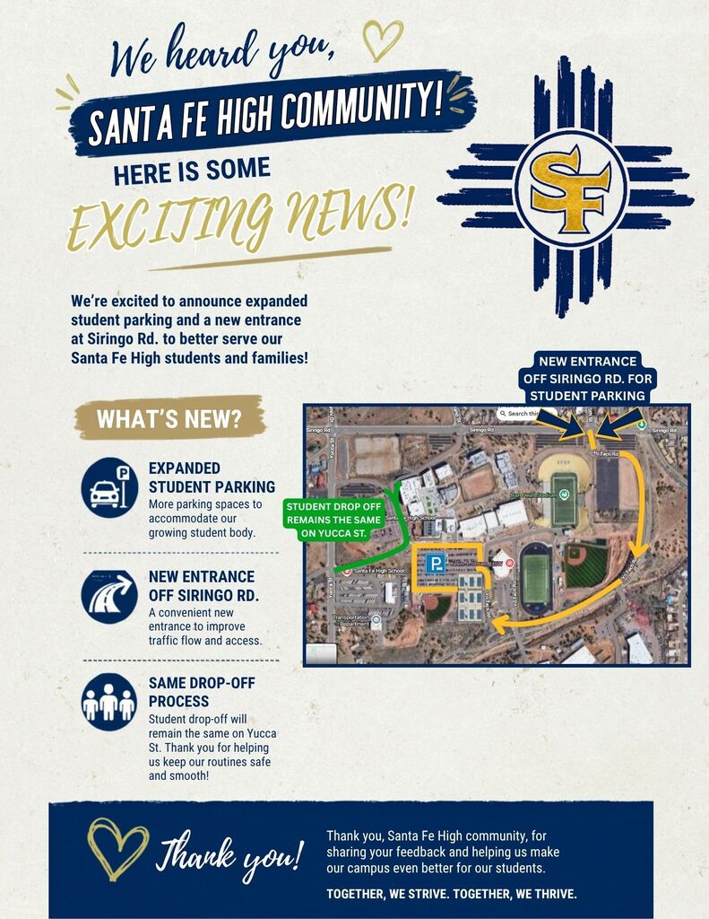 A school community announcement features a map, icons, and text about expanded student parking, new entrance, drop-off process, and safety.