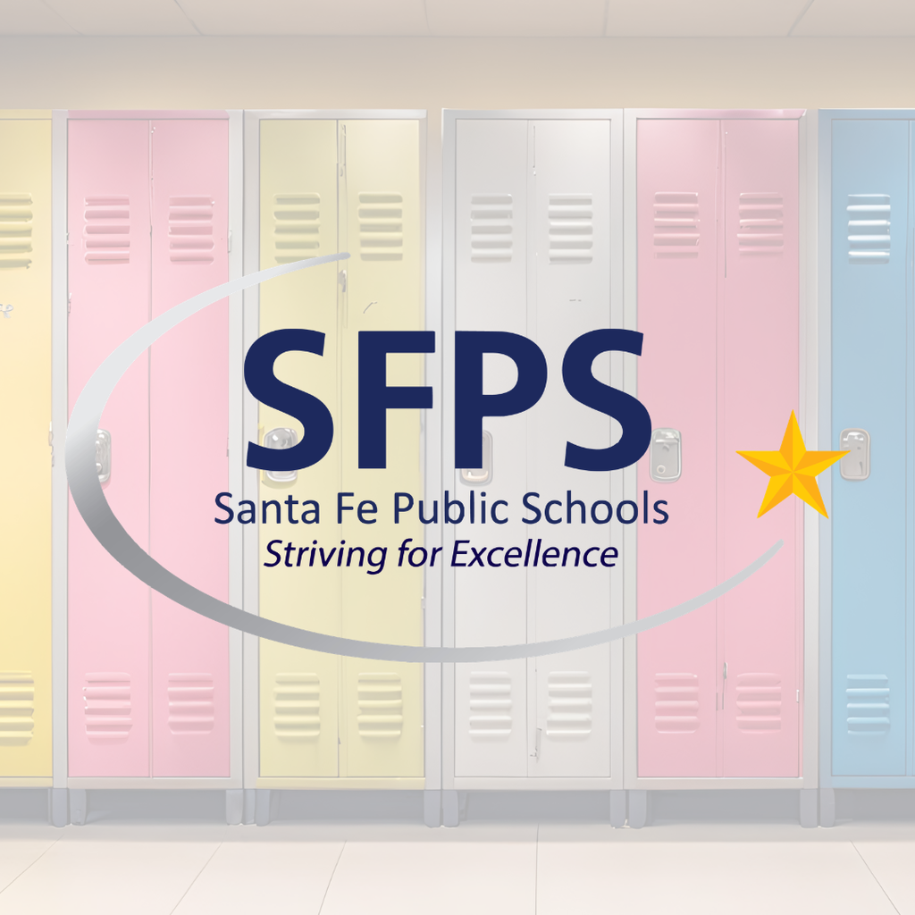A row of lockers in various colors with "Santa Fe Public Schools" and "Striving for Excellence" text. A star is in the right corner.