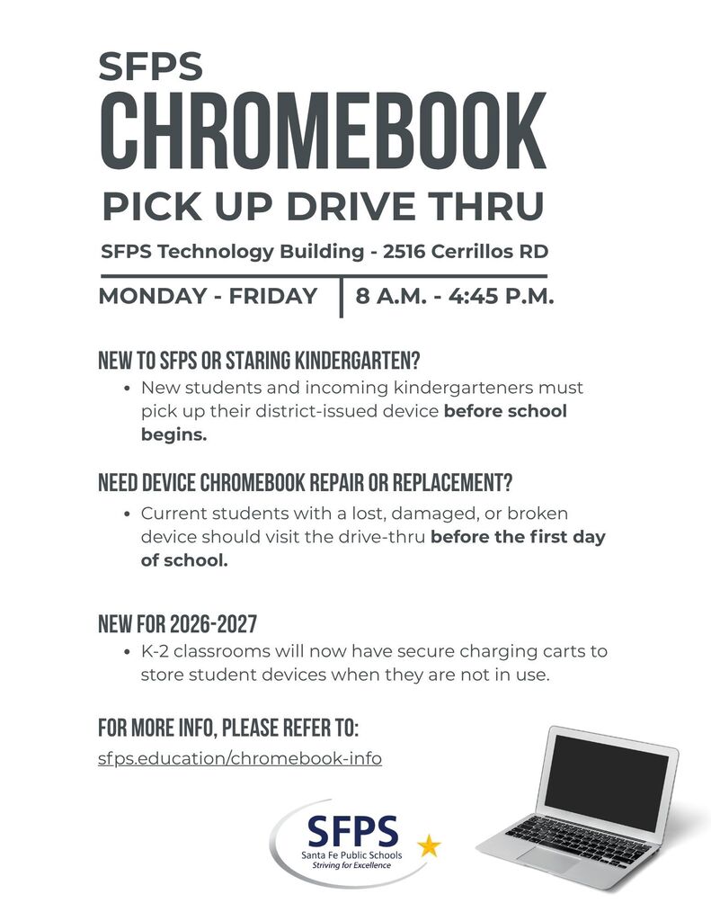 Chromebook pick-up details, including location, hours, and requirements for new and existing students. A laptop image is present.