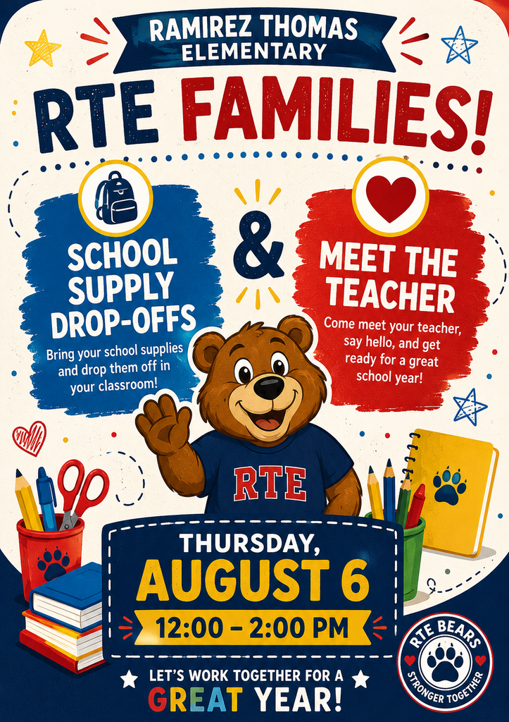 Poster displays a school event. A bear holds up a sign that reads "RTE FAMILIES!" Text includes event details.