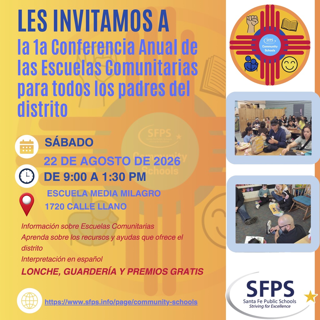 Flyer for community school conference. Date: August 22, 2020. Time: 9:00 AM to 1:00 PM. Location: Media Milagro School. Free lunch, childcare, and prizes.