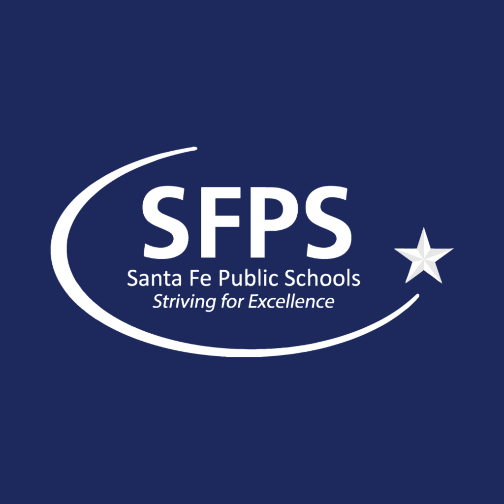 Blue background with white logo. "SFPS Santa Fe Public Schools" in white, "Striving for Excellence" in smaller white font below.