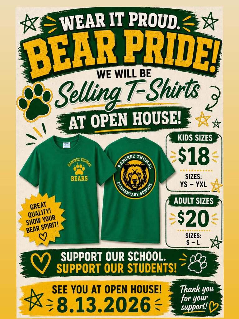 Advertisement poster for Bear Pride T-shirts. Two shirts, kids and adult sizes, on yellow background. Details include price, sizes, and date.
