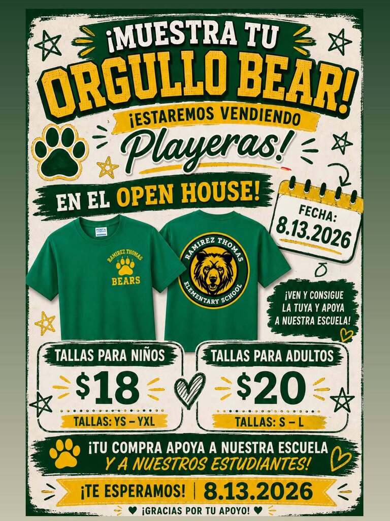 A poster displays a pair of green T-shirts with a lion logo and text "¡Muestra tu orgullo Bear!" Prices listed for kids' and adult's sizes.