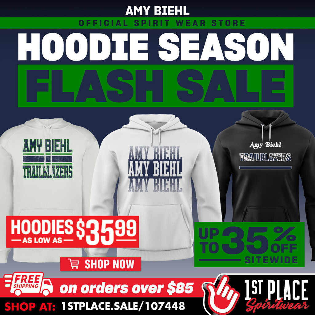 Advertisement for hoodies on sale. Three hoodies shown, white, white with green, and black. Green and white text.