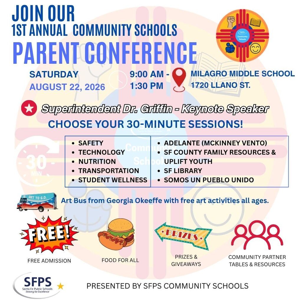 A flyer for the 1st Annual Community Schools Parent Conference on August 22, 2026, at Milagro Middle School.