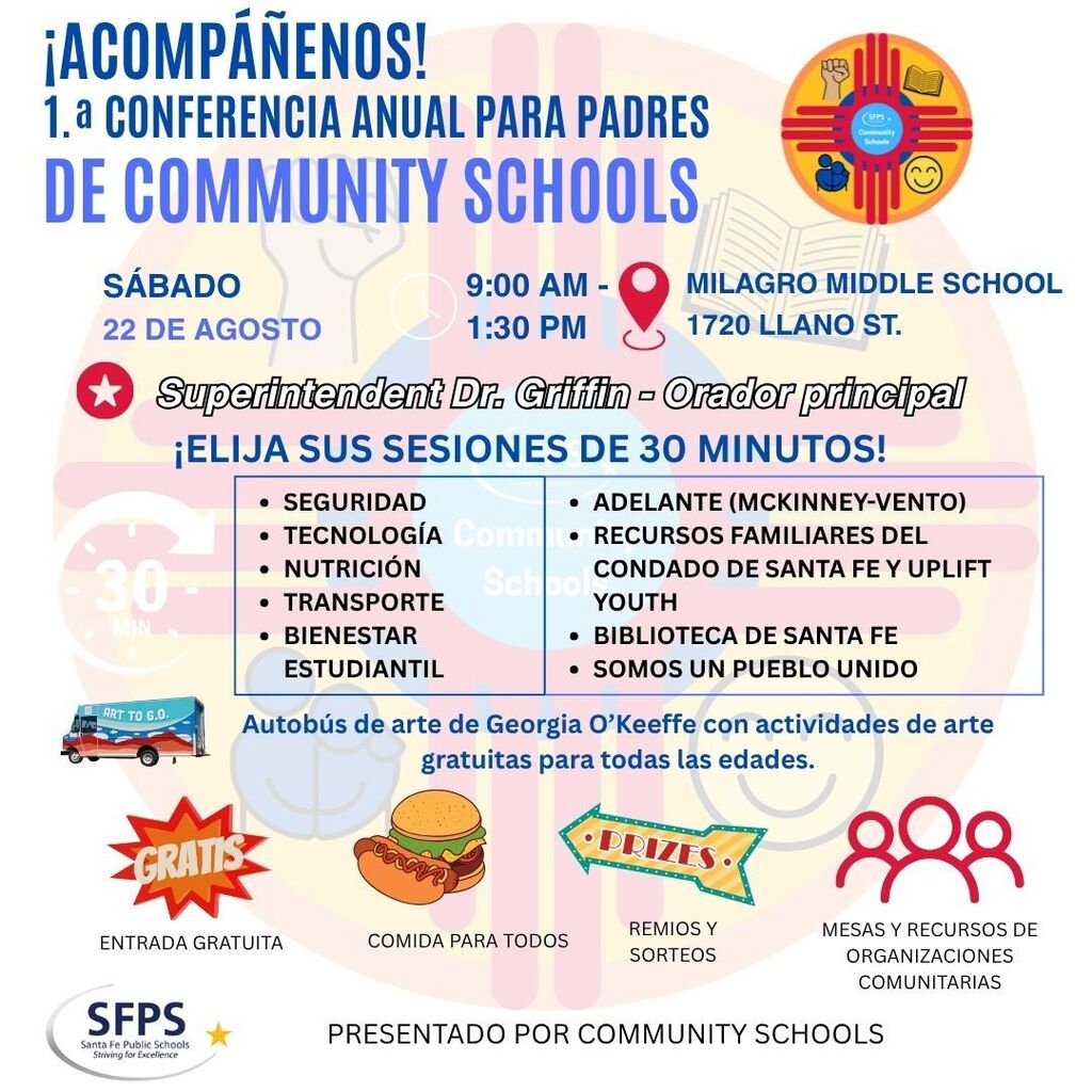 Annual parent conference for community schools on August 22 at Milagro Middle School. Event includes free entry, food, and activities.