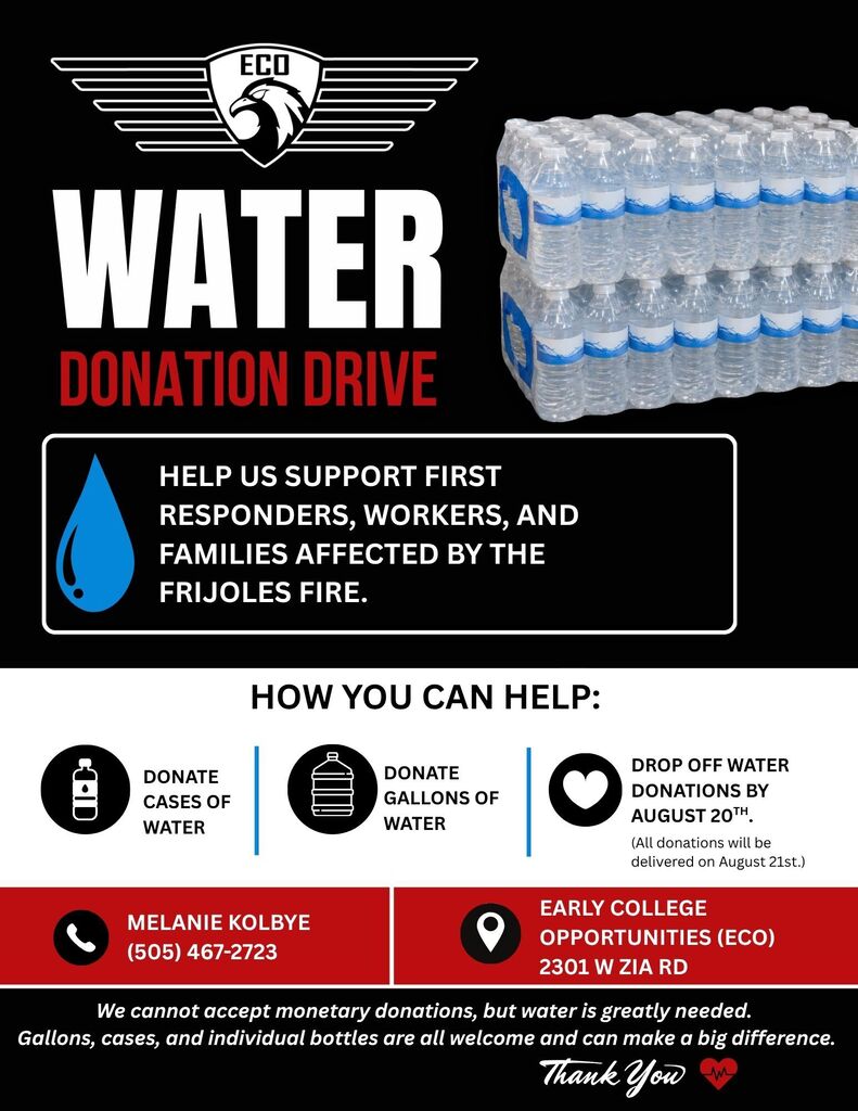 Water Donation Drive poster features bottles of water, text, phone and location icons, and contact details.