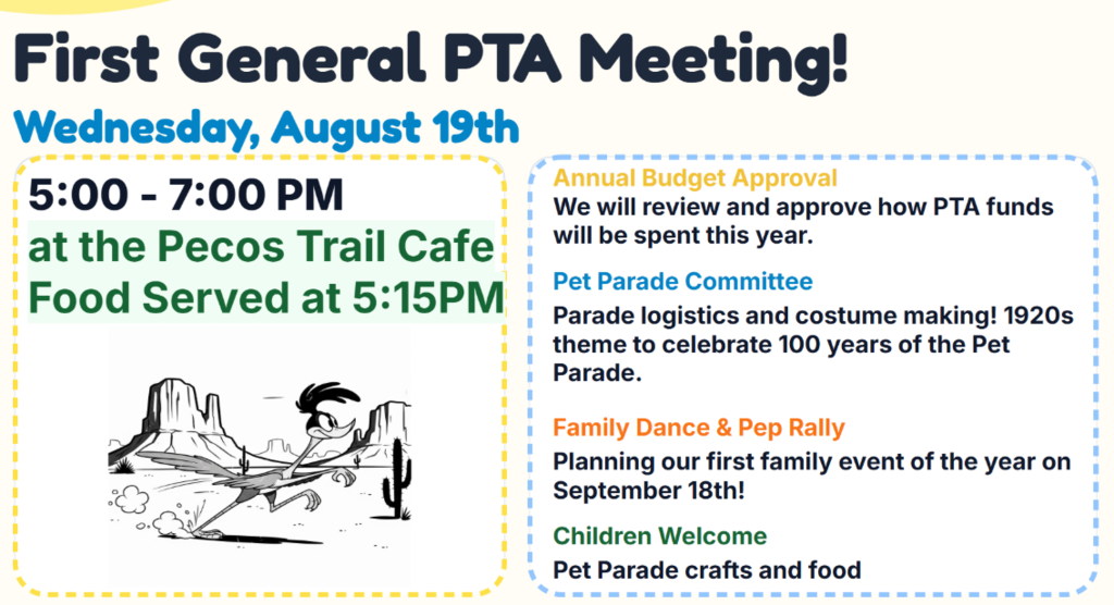 1st PTA Meeting at Pecos Trail Cafe 5:00-7:00