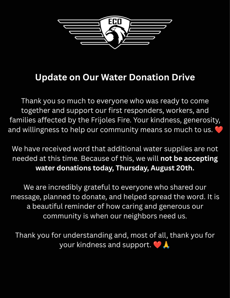 Black screen with white text. An eagle logo and "ECO" at top. Text reads "Update on Our Water Donation Drive" followed by community gratitude message.
