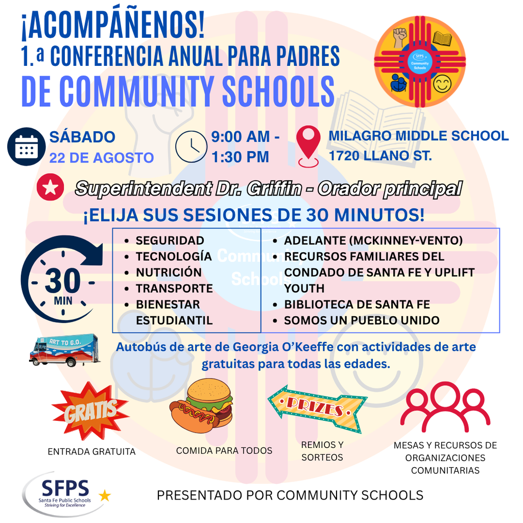 Flyer for annual conference for parents of Community Schools. Scheduled for Saturday, August 22 at 9:30 AM at Milagro Middle School.