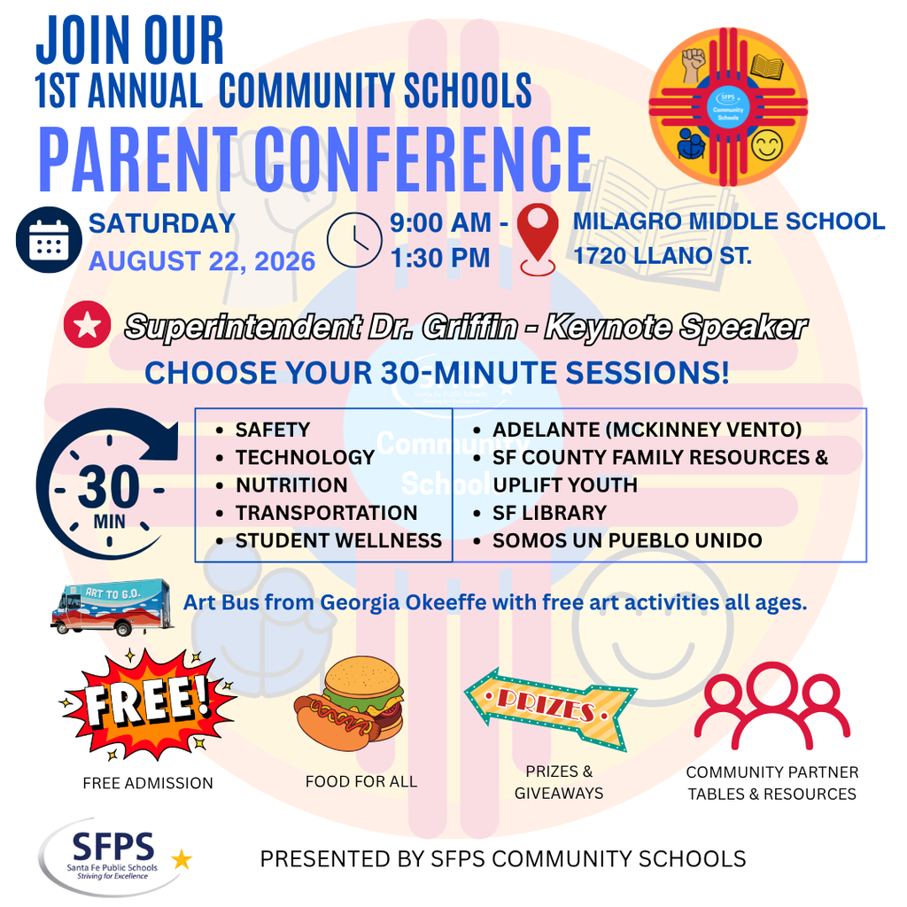 Poster for an event with the title "1st Annual Community Schools Parent Conference". It is scheduled for August 22, 2026.