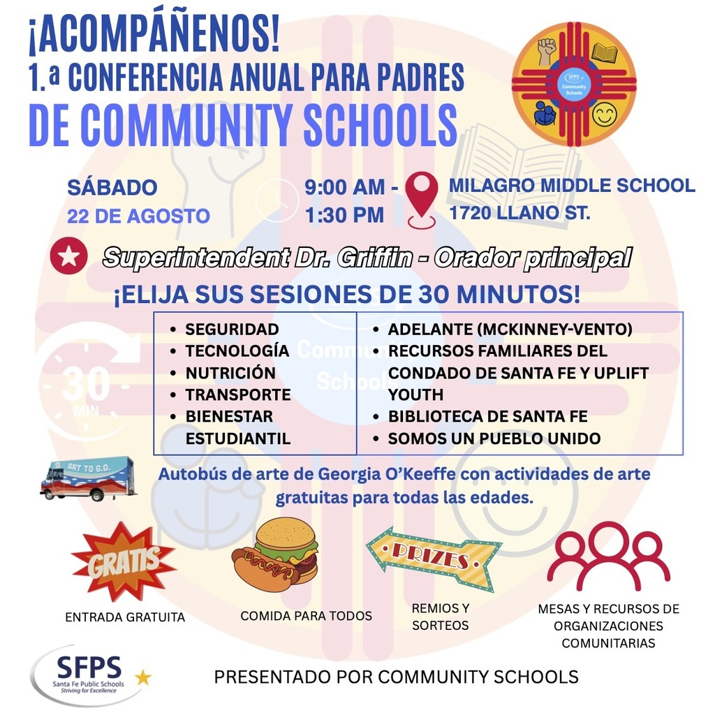 Poster with text "1ª Conferencia anual para padres de Community Schools" and a schedule. Below it, there are details about activities.