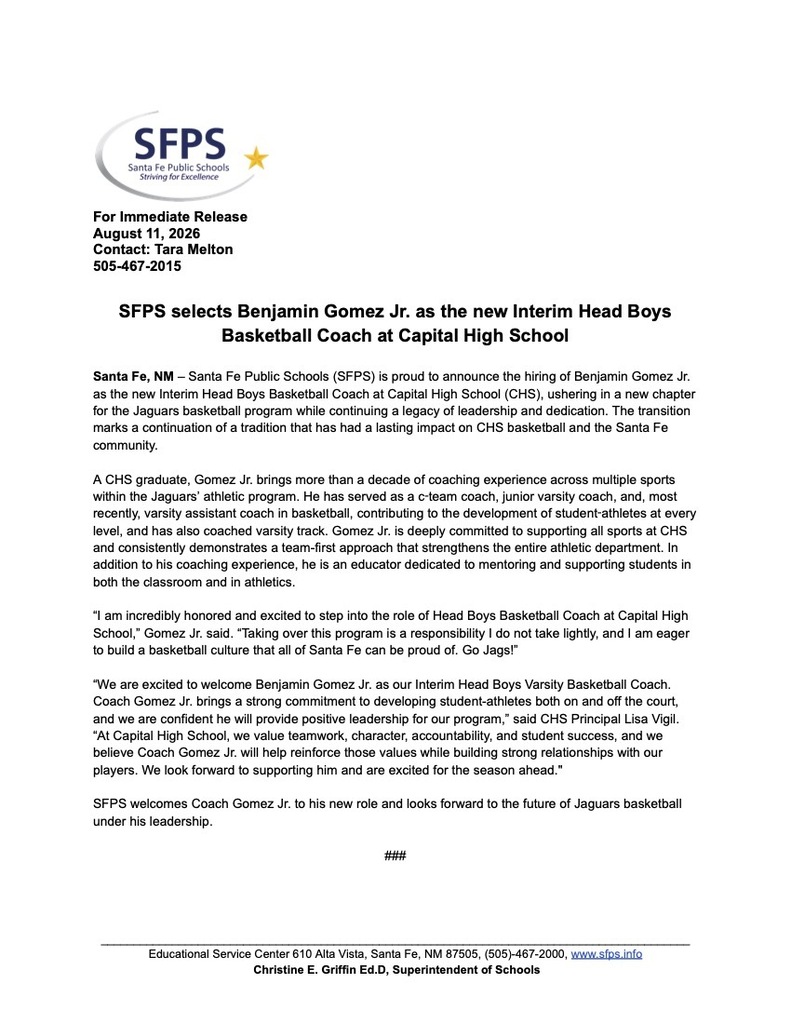 Document with blue header and white text. Title reads "SFPS selects Benjamin Gomez Jr." and details about his appointment as Interim Head Boys Basketball Coach.