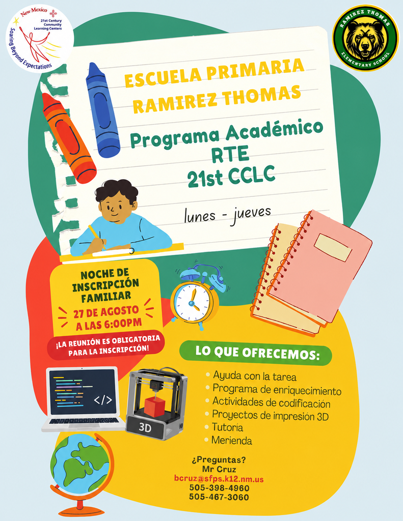 An event flyer with a colorful, illustrated background displays various educational tools and resources. A boy is shown sitting and writing.