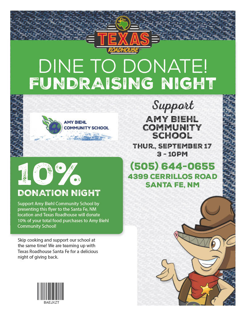 Poster with green background and blue stripe. "Dine to Donate! Fundraising Night" in bold text. "Support Amy Biehl Community School" and "10% Donation Night" below. Image of a cowboy.