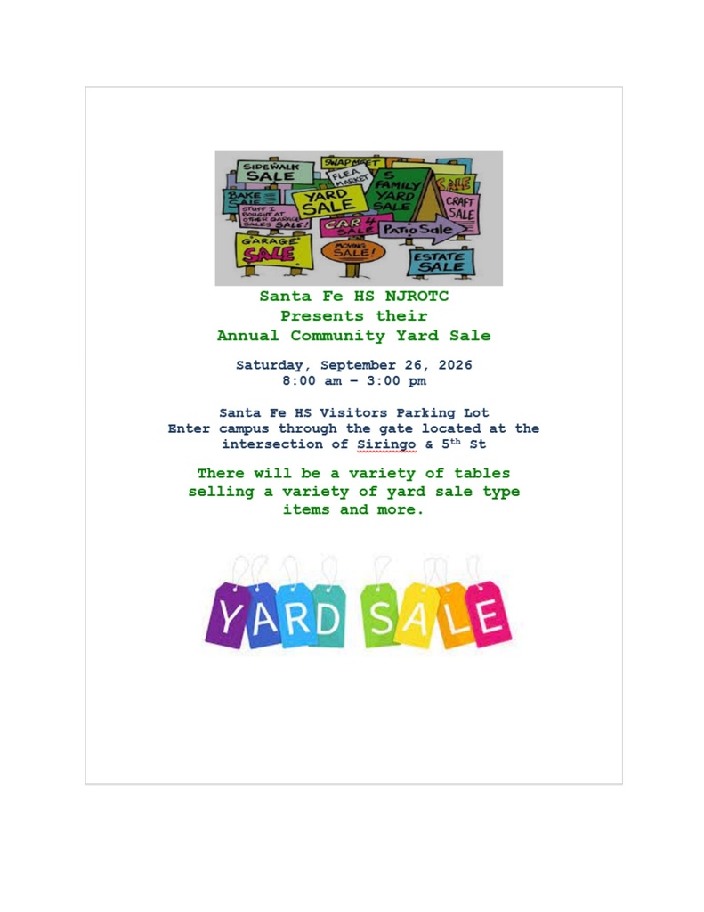 NJROTC Yard Sale September 26, 2026 from 8am - 3pm
