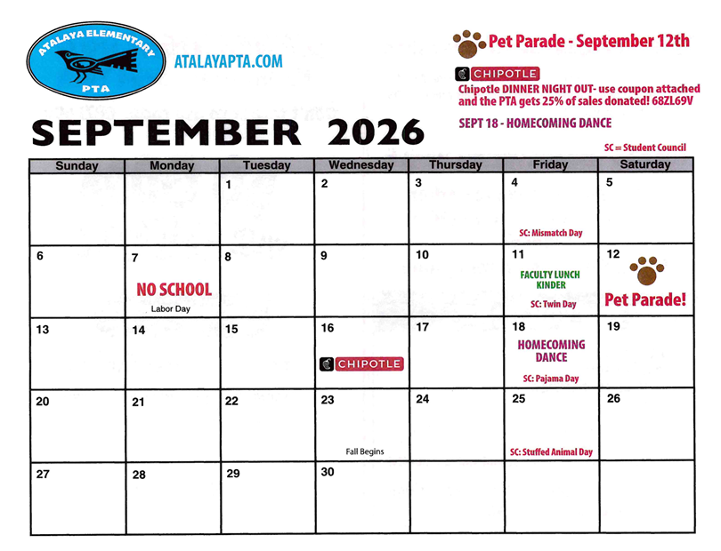 September PTA Calendar