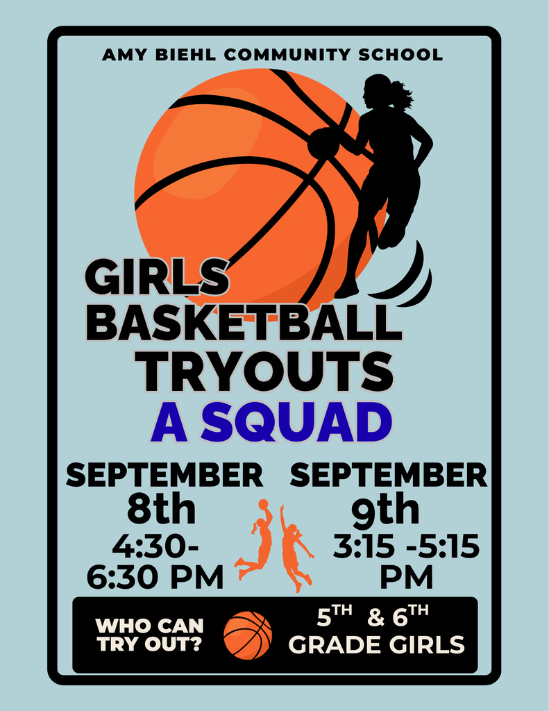 Poster with blue background advertising girls basketball tryouts. It shows a basketball, a player silhouette, and dates.