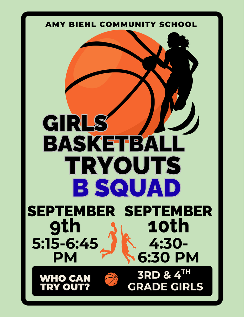 Poster with a basketball and silhouette of a player. Event: Girls Basketball Tryouts, Squad B. Dates: Sept 9, 5:15-6:45 PM; Sept 10, 4:30-6:30 PM.