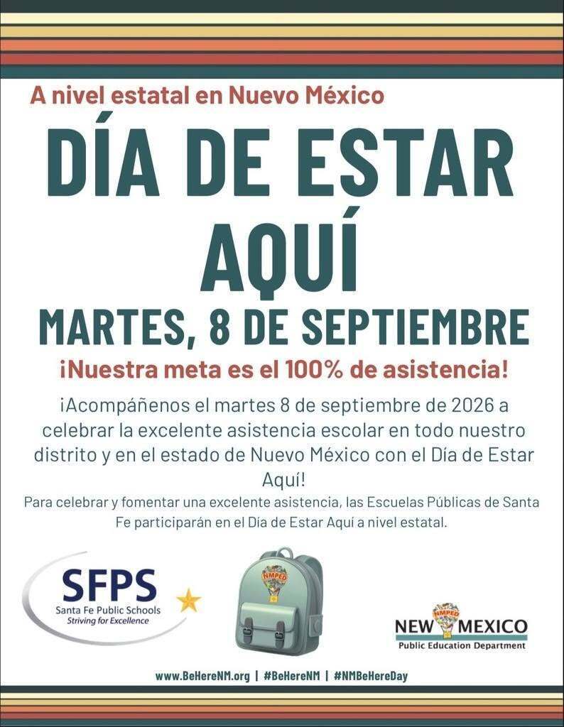 Promotional poster with a colorful border. It features text in green and white, including "Dia de Estar Aqui" and "Martes, 8 de Septiembre". Logos are at the bottom.