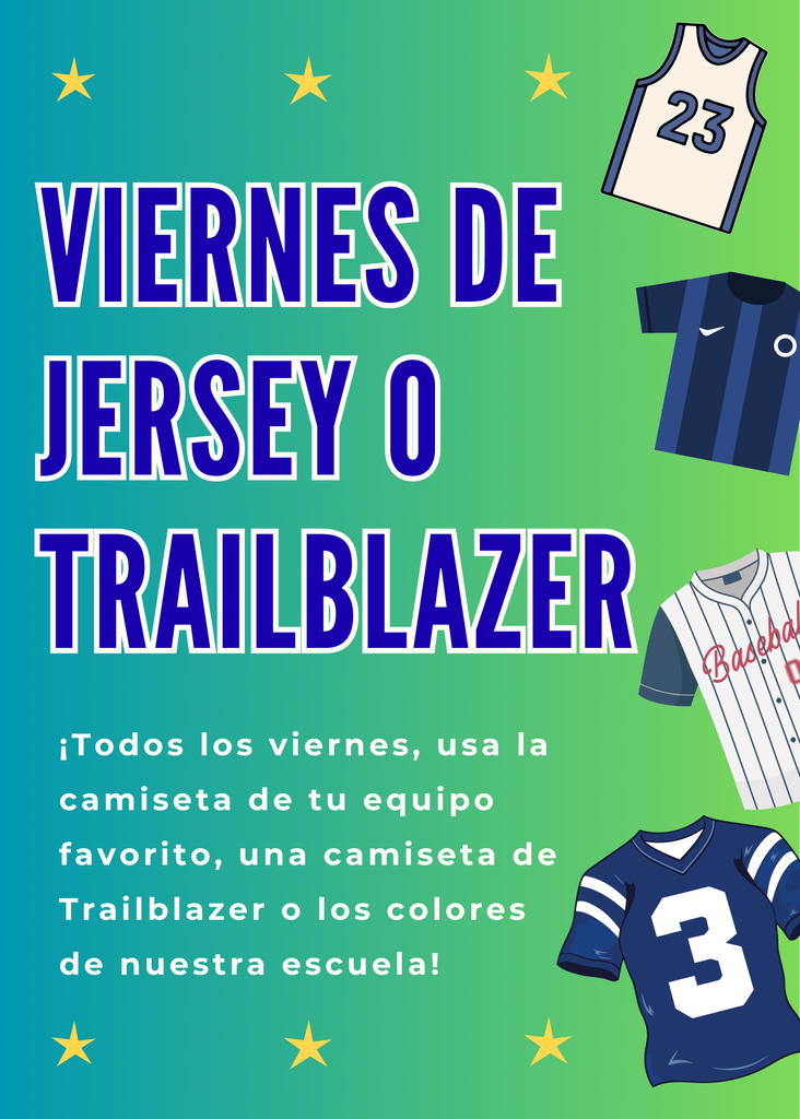 Poster with four sports jerseys. Text reads "viernes de jersey o trailblazer" with star icons.