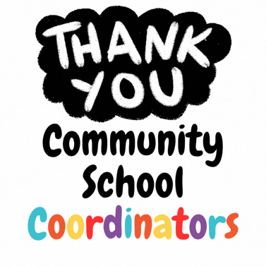 Graphic with "Thank You" in black above "Community School" and "Coordinators" in multicolored text. Background is white.