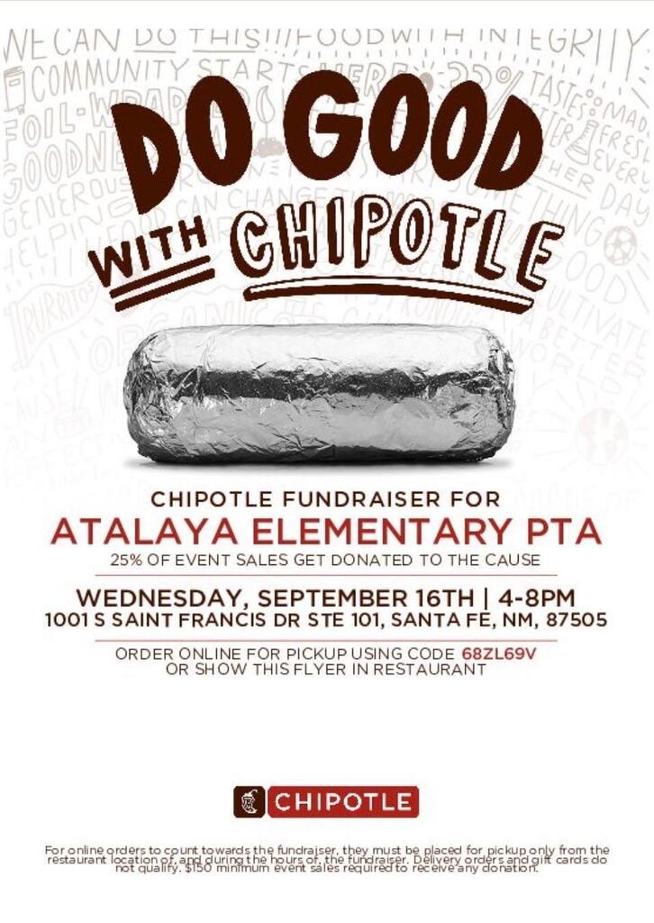 Chipotle Fundraiser for Atalaya. 9.16.26 from 4:00-8:00pm. Order online using code 68ZL69V