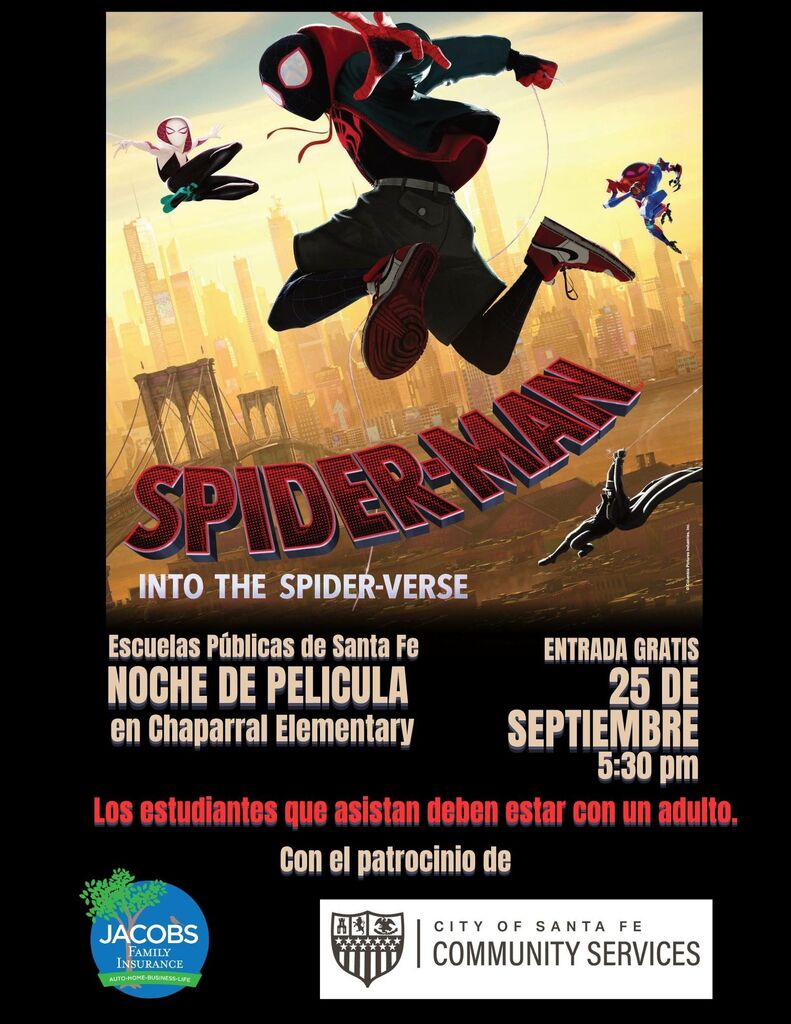 Poster featuring Spider-Man flying with webs. Spanish text reads event details. Background shows a cityscape.