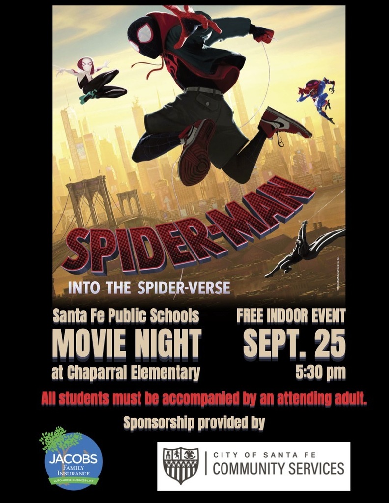 Spider-Man movie night flyer. Spider-Man flying with others. "Into the Spider-Verse" movie night on September 25. Event at Chaparrall Elementary.