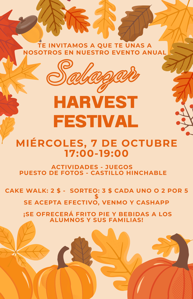 Harvest festival poster with autumn leaves, pumpkins, and a banner. Text: "Salagar Harvest Festival, October 7." Activities, times, and prices listed.
