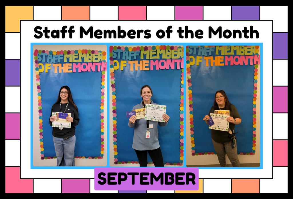 Three staff members, each holding a certificate, pose in front of a blue background with the text "Staff Members of the Month" displayed above.