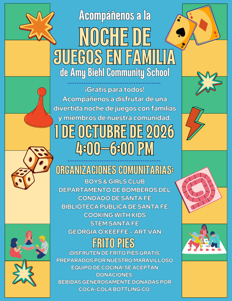 Event poster for "Night of Family Games at Amy Biehl Community School" on 1 October 2026, 4:00 to 6:00 PM. Features a game board and symbols.