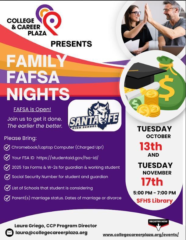 Family FAFSA Night October 13 & October 17th  5pm - 7pm SFHS Library
