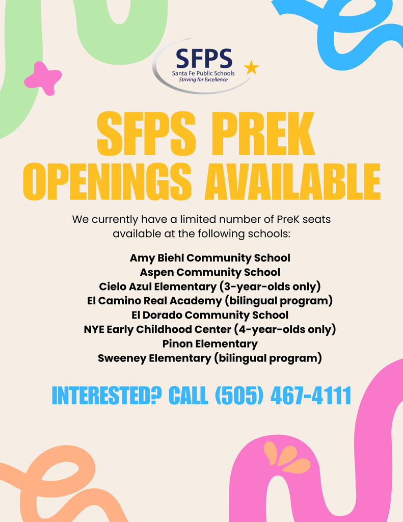 Bright and colorful poster. Schools listed with a call to action at the bottom. Text: "SFPS PREK OPENINGS AVAILABLE."
