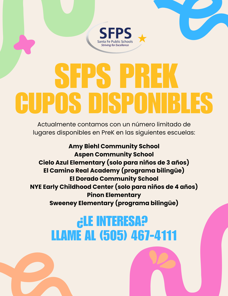 Bright colors and wavy lines adorn an ad for SFPS Pre-K open slots. Schools and contact info listed.