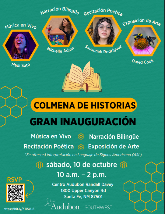 An event poster with a green background. It features four speakers, a book, and an RSVP QR code.