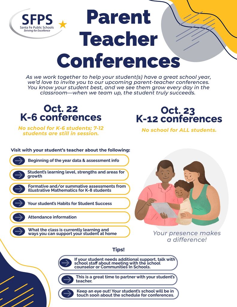 A poster with a blue and white background lists details about Parent-Teacher Conferences. It features a family.